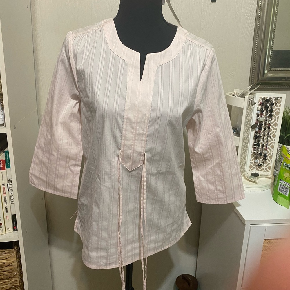 White Relaxed Tie Front Blouse with Mandarin Collar